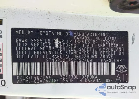 2005 Toyota Corolla Ce из США, поврежденный, VIN 2T1BR32E75C392769